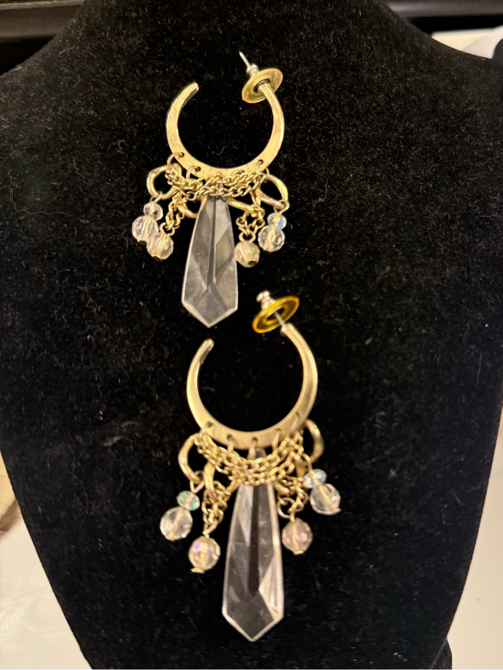 Gold Hoop Drop Earrings with Clear Crystal Pendants